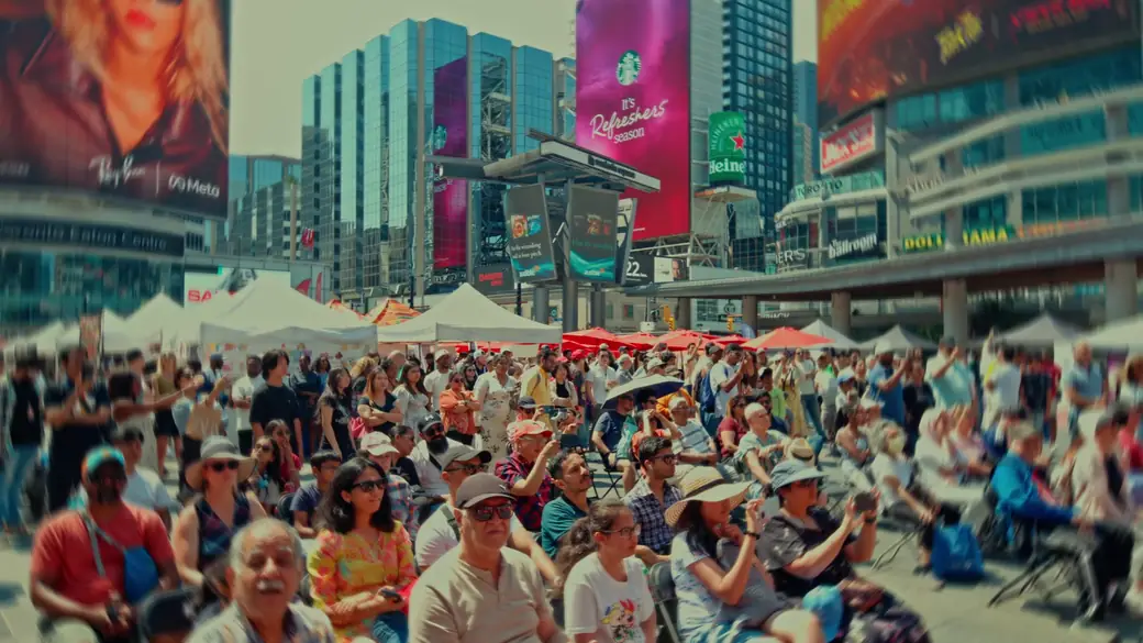A crowd of all ages watches the WorldFest main stage beneath the billboards of Yonge-Dundas
