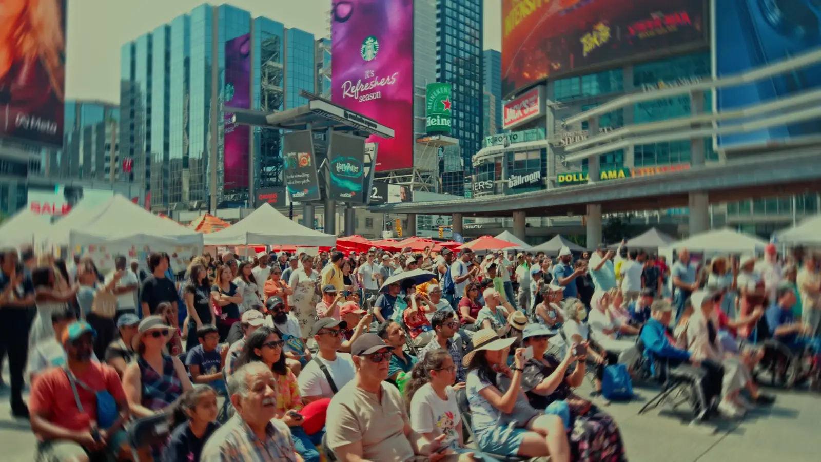 Thousands of festival-goers seated in front of the main stage at WorldFest 2026 in downtown Toronto