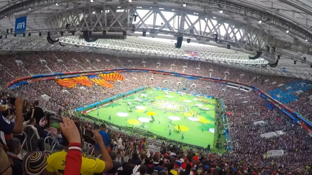 Packed FIFA World Cup stadium with global fans celebrating international football during Toronto’s vibrant summer