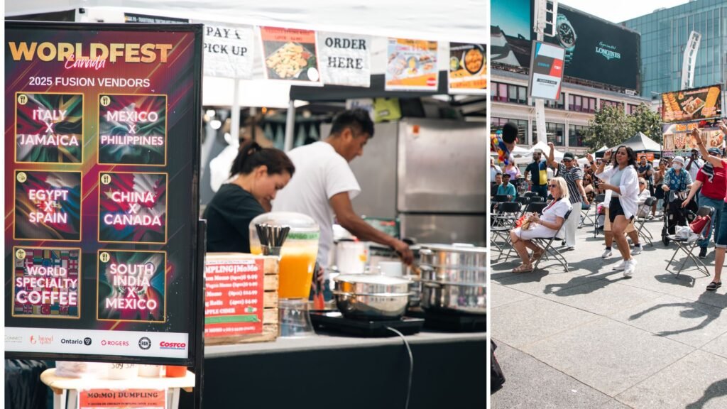 Multicultural performances and international food vendors at a Toronto festival.