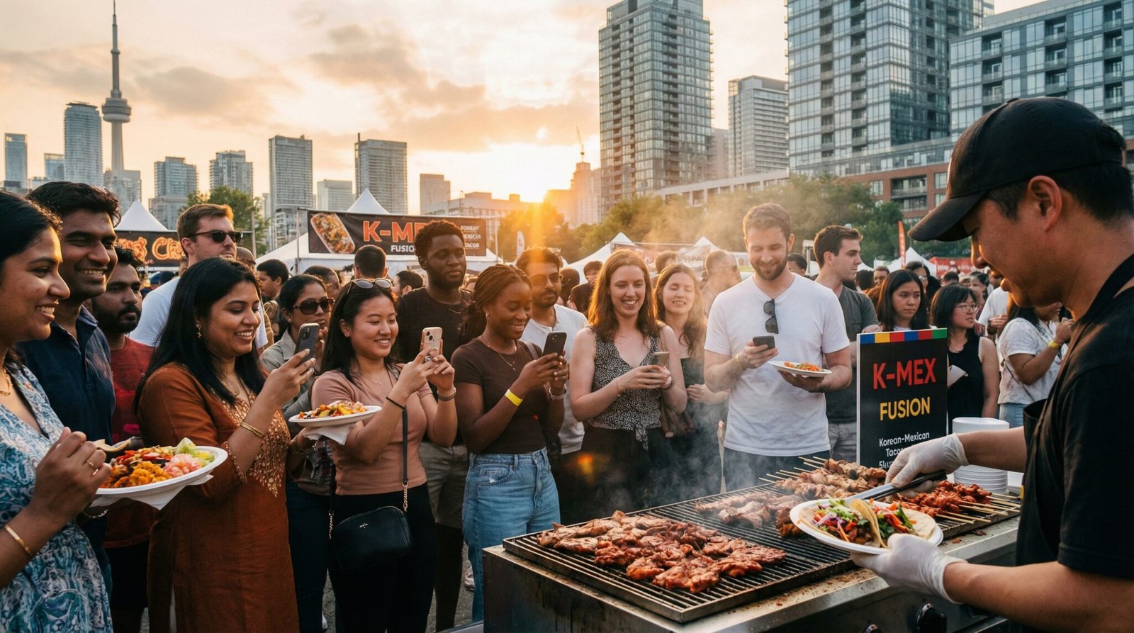 Diverse crowd enjoying Korean-Mexican fusion street food at a Toronto outdoor food festival with skyline and CN Tower in the background at sunset.