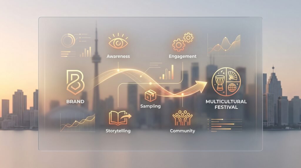 Strategic event sponsorship partnership concept showing brand and festival connected through outcomes like awareness, engagement, product trial, and content creation.