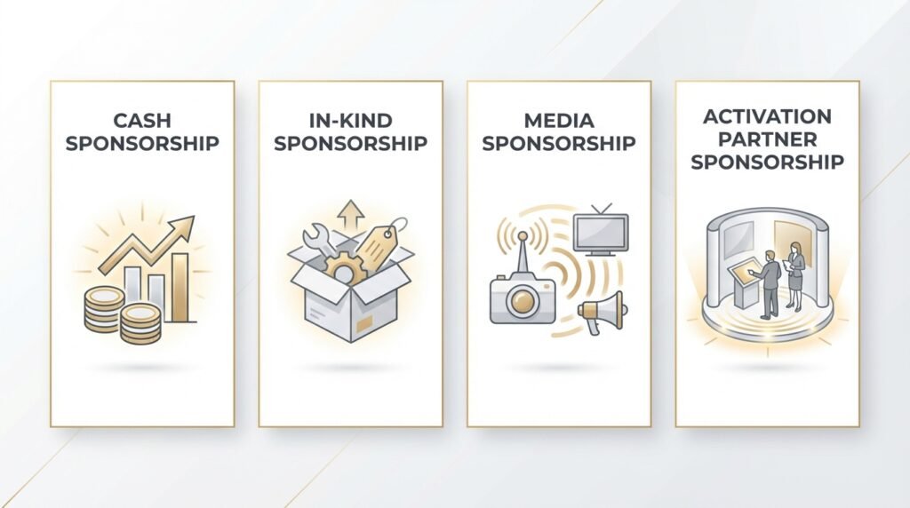 Infographic showing four types of event sponsorship: cash sponsorship, in-kind sponsorship, media sponsorship, and activation partner sponsorship.