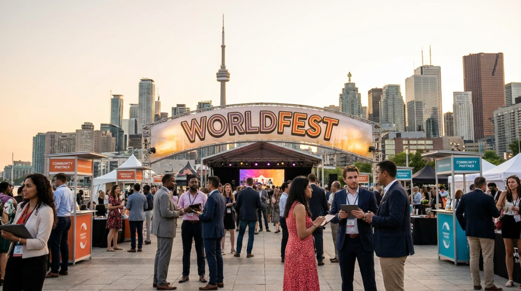 People at Worldfest Canada talking to brand ambassadors and surrounded by vendor booths