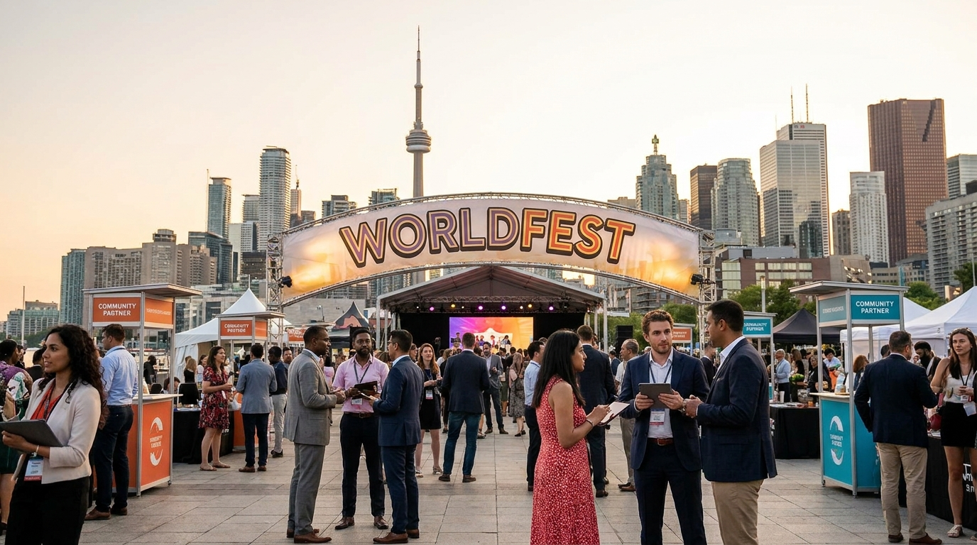 People at Worldfest Canada talking to brand ambassadors and surrounded by vendor booths
