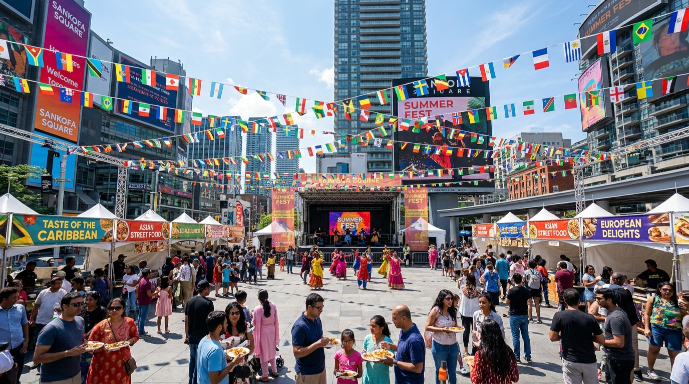 Aerial view of a diverse crowd enjoying Toronto multicultural events at Sankofa Square in downtown Toronto