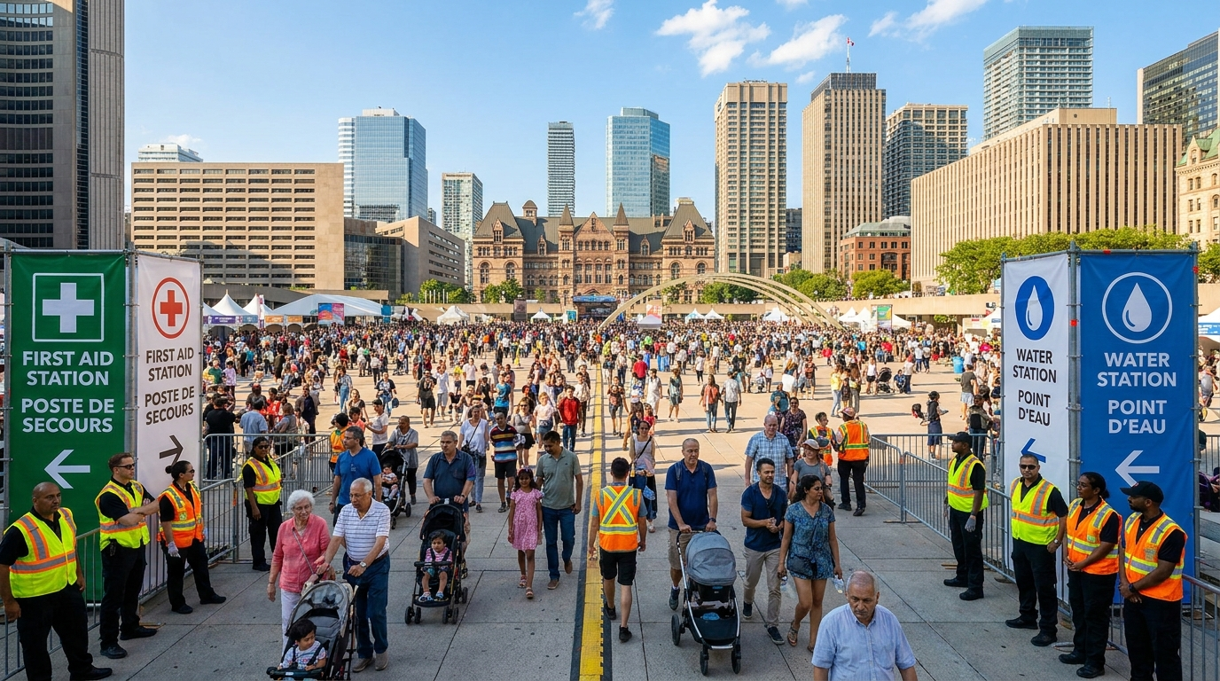 Festival attendees moving safely through a well-organized downtown event with visible signage and staff