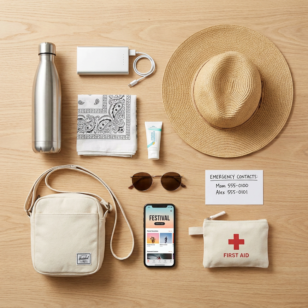 Flat-lay of festival essentials including water bottle, portable charger, sunscreen, and emergency contact card