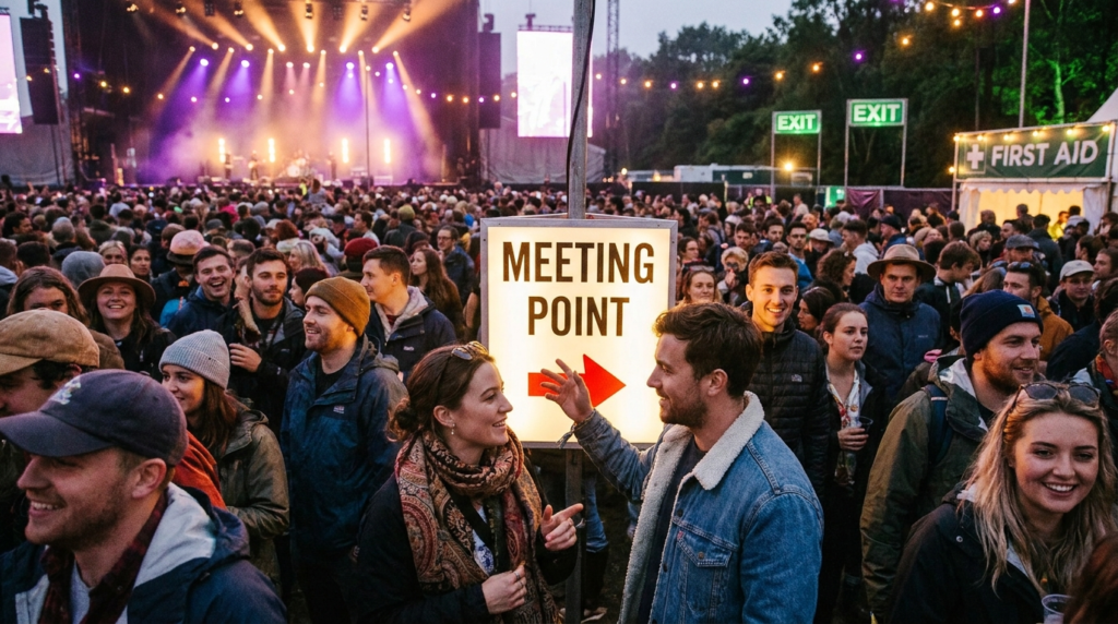 Festival-goers staying connected in a managed evening crowd with visible exits and first aid signage