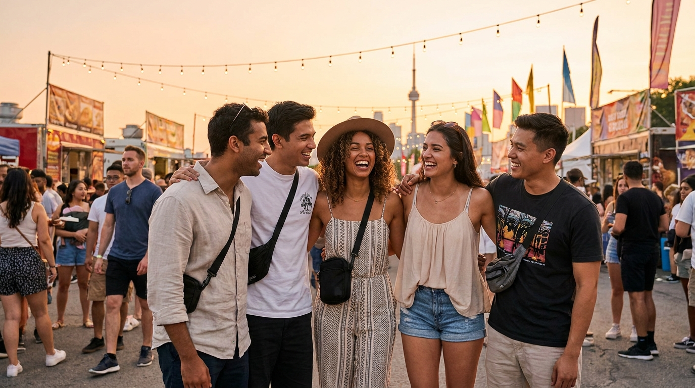 Diverse group of friends wearing breathable summer festival outfits in downtown Toronto at golden hour