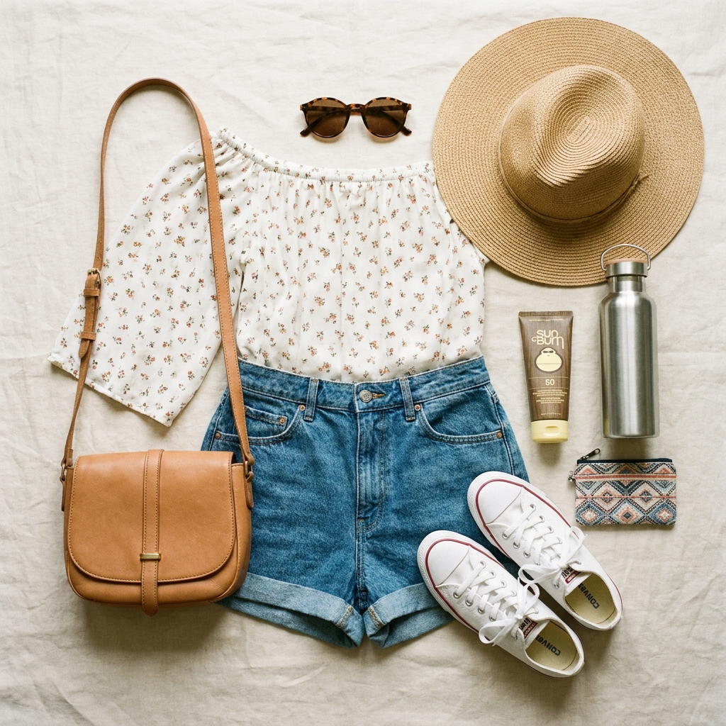 Flat lay of summer festival outfit essentials including denim shorts, cotton top, sneakers, hat, and crossbody bag
