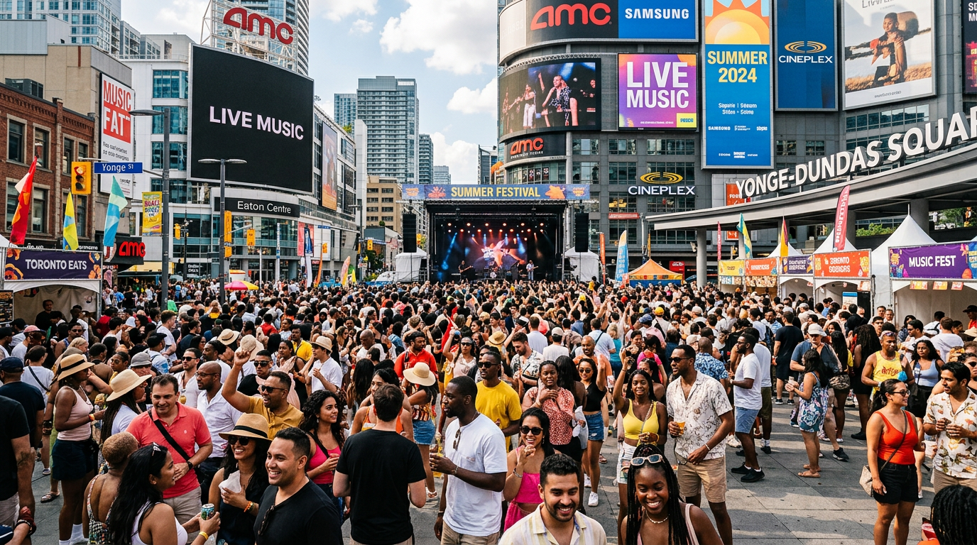 Crowds enjoying downtown Toronto summer festivals at Yonge-Dundas Square
